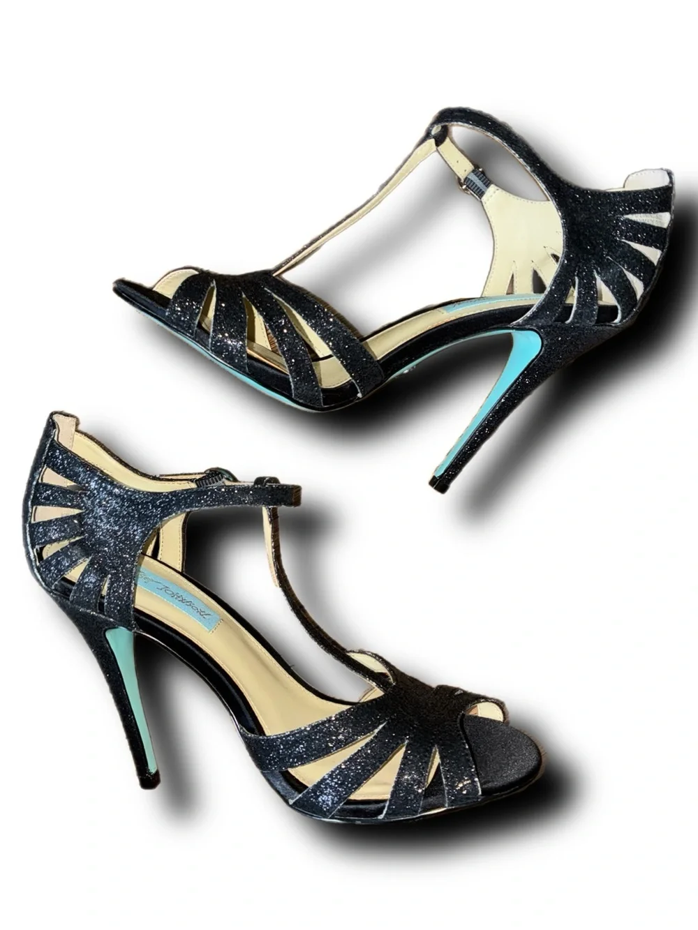Betsey Johnson Black Glitter T-Strap Heel with Aqua Sole